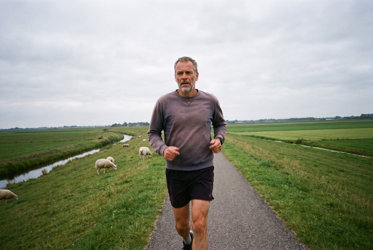 Man in his fifties running on a Dutch polder dike