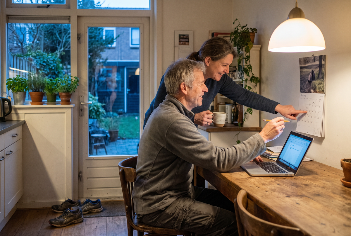 Couple at the kitchen table marking a race date on the calendar