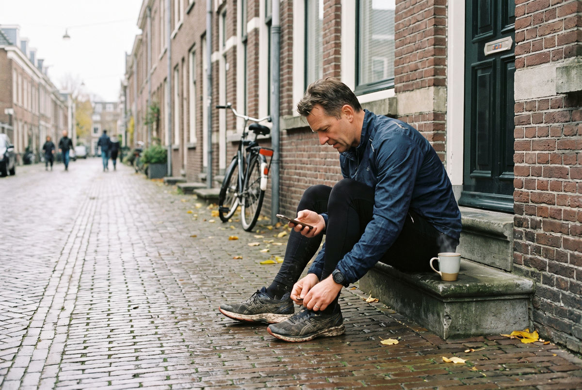 Runner lacing his shoes on his doorstep in a Dutch street